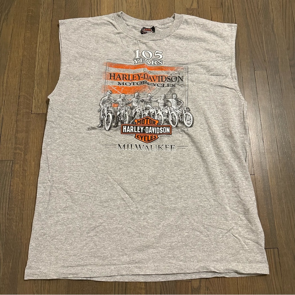 Harley Davidson motorycles 105 years gray orange graphic tank top t shirt